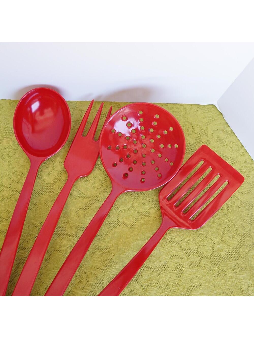 Vintage Melamine Red Oversized Cooking Utensil Set MCM Copco Retro Scandi